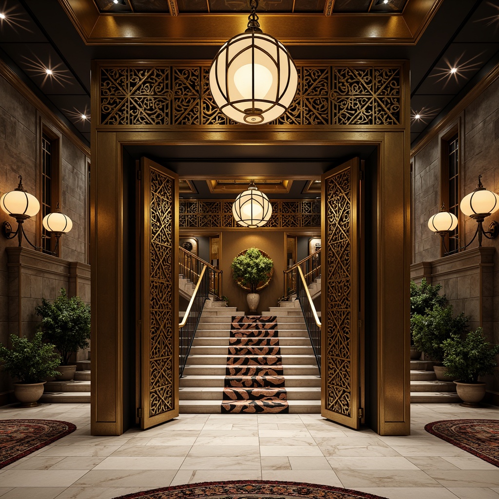 Prompt: Geometric metalwork, ornate bronze doors, luxurious marble floors, opulent chandeliers, stylized floral patterns, zigzag motifs, chevron designs, sunburst decorations, stepped silhouettes, curved lines, metallic accents, lavish furnishings, rich textiles, bold color schemes, dramatic lighting effects, low-angle shots, cinematic composition, high-contrast rendering, intricate details, ornate facades, grand staircases, majestic entrances.