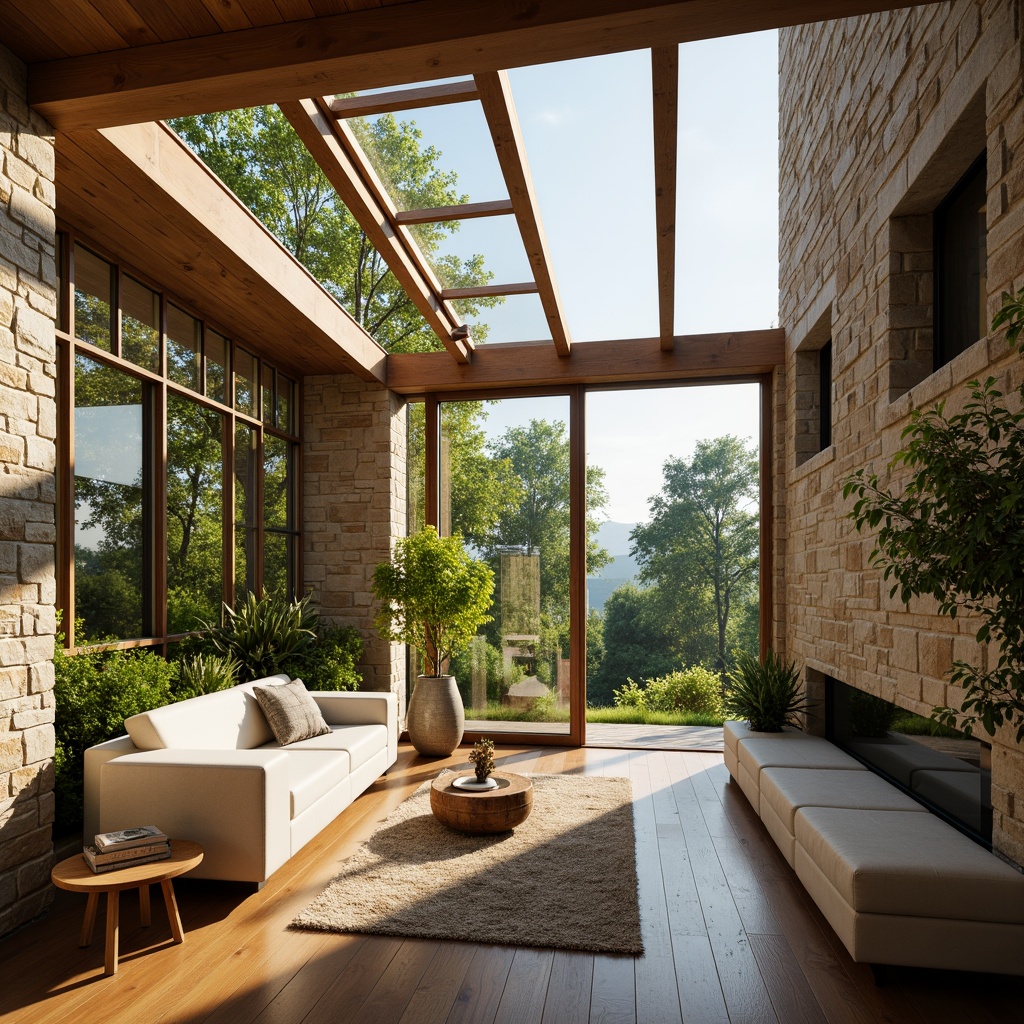 Prompt: Vibrant living room, floor-to-ceiling windows, natural stone walls, wooden flooring, greenery views, abundant sunlight, warm cozy atmosphere, soft diffused lighting, 1/1 composition, shallow depth of field, realistic textures, ambient occlusion, modern minimalist design, eco-friendly materials, sustainable energy solutions, solar panels, clerestory windows, skylights, open-plan layout, airy feel, calming ambiance.