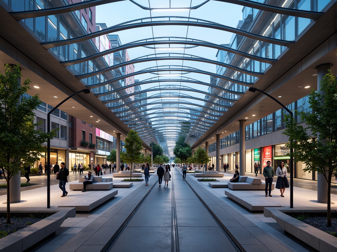 Prompt: Futuristic tram station, curved canopy structure, sleek metal framework, translucent glass roof, vibrant LED lighting, urban cityscape, bustling streets, modern transportation hub, efficient passenger flow, comfortable waiting areas, greenery walls, natural ventilation systems, cantilevered seating, minimalist benches, real-time information displays, dynamic advertising screens, shallow depth of field, 1/1 composition, panoramic view, realistic textures, ambient occlusion.