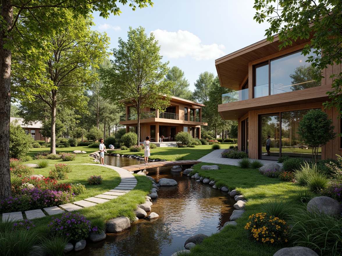 Prompt: Harmonious landscape integration, blending modern architecture with natural surroundings, lush greenery, vibrant flowers, meandering streams, rustic wooden bridges, stone pathways, eco-friendly buildings, large windows, sliding glass doors, cantilevered roofs, overhanging eaves, organic shapes, earthy tones, natural materials, seamless transitions, soft warm lighting, shallow depth of field, 3/4 composition, panoramic view, realistic textures, ambient occlusion.