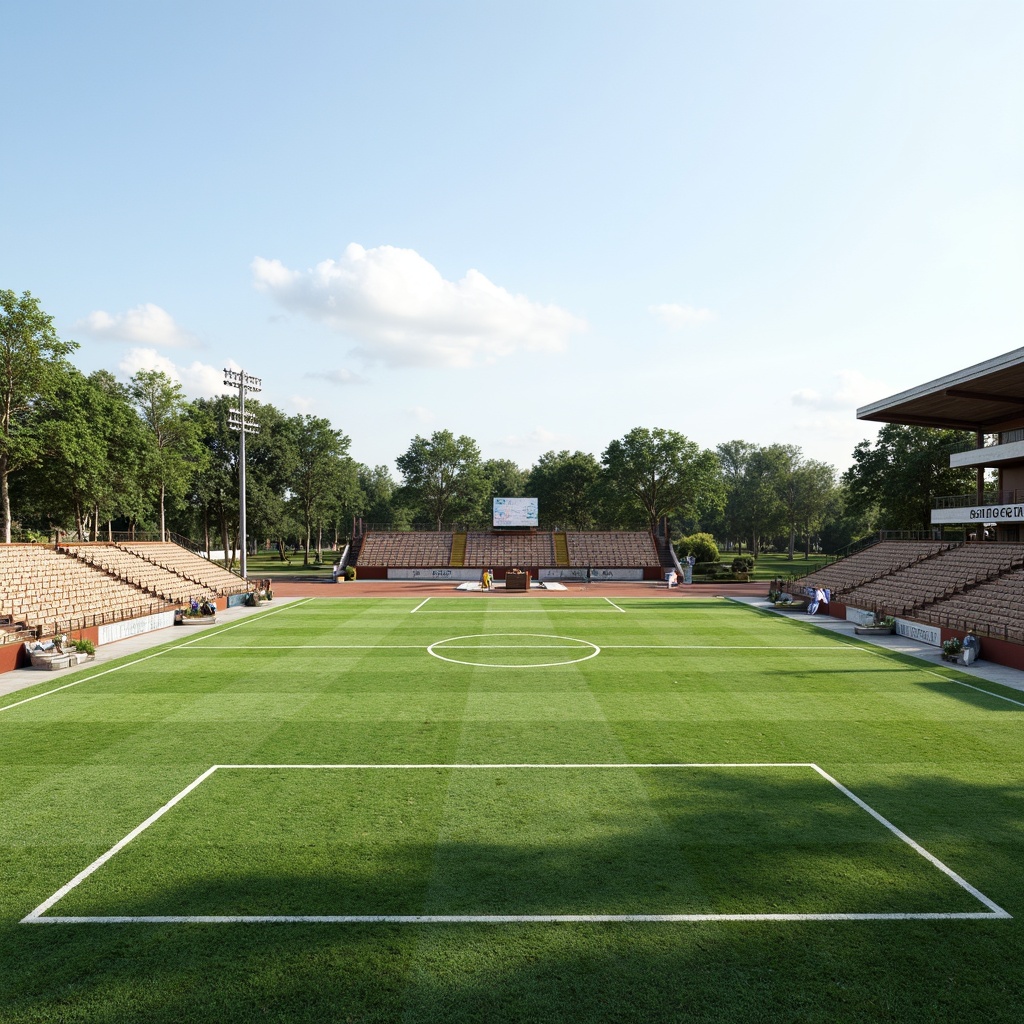 Prompt: Minimalist sports fields, lush green grass, subtle earthy tones, weathered wood bleachers, sleek metal goalposts, clean white lines, vibrant team colors, bold typography, natural stone pathways, rustic chain-link fences, clear blue skies, warm sunny days, soft diffused lighting, shallow depth of field, 3/4 composition, panoramic view, realistic textures, ambient occlusion.