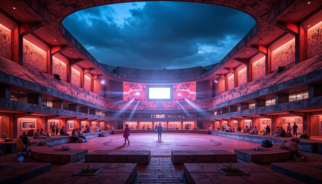 Prompt: Vibrant stadium, expressionist architecture, bold concrete structures, rough stone walls, rusty metal beams, distressed wood accents, dynamic curved lines, abstract geometric patterns, bright neon lights, electric atmosphere, intense shadows, high-contrast colors, dramatic spotlights, cinematic composition, 1/2 camera angle, shallow depth of field, realistic textures, ambient occlusion.