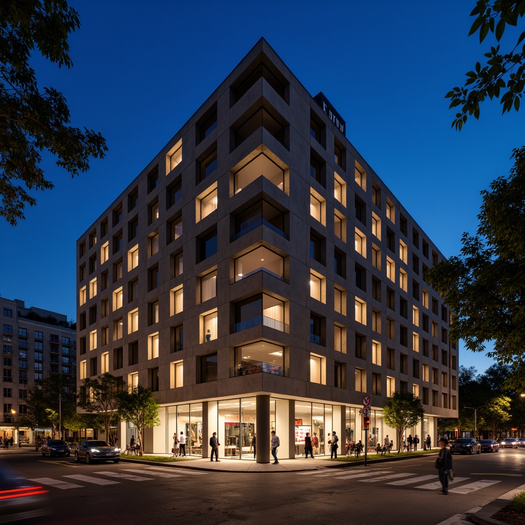 Prompt: Geometric hotel facade, asymmetrical composition, rectangular windows, industrial materials, raw concrete walls, steel beams, minimalist decor, functional simplicity, bold color accents, abstract artwork, urban cityscape, busy streets, modern streetlights, dramatic nighttime lighting, low-angle shot, 1/2 composition, high-contrast tone, cinematic atmosphere, brutalist architecture, clean lines, rectangular shapes, functional minimalism.