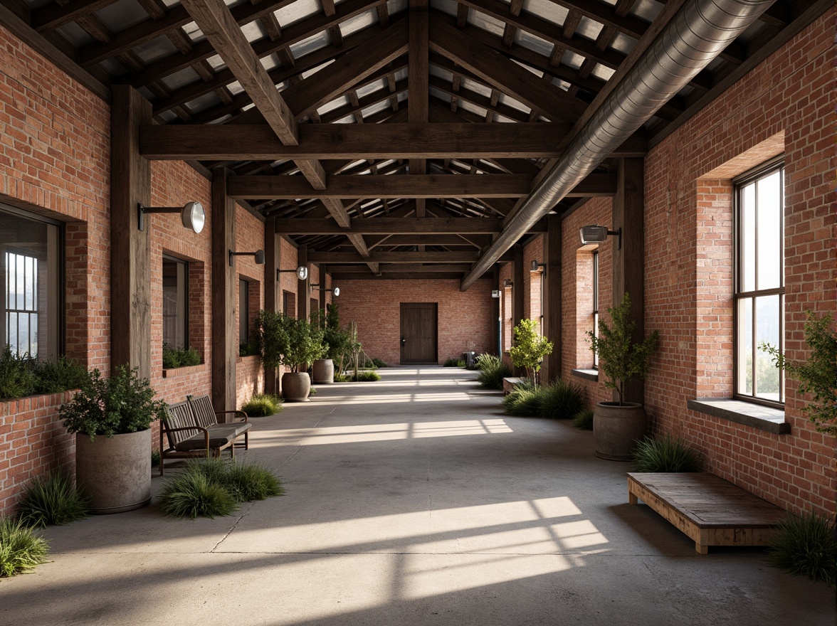 Prompt: Rustic industrial landscape, abandoned factories, worn brick walls, distressed metal roofs, reclaimed wood accents, earthy tones, natural textures, regional materials, local craftsmanship, exposed ductwork, concrete floors, steel beams, functional minimalism, industrial chic aesthetic, warm soft lighting, shallow depth of field, 1/1 composition, realistic renderings, ambient occlusion.