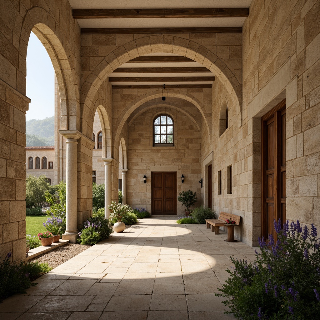 Prompt: Serene monastery courtyard, natural stone walls, rustic wooden doors, stained glass windows, vaulted ceilings, soft warm lighting, gentle shadows, peaceful ambiance, lush greenery, blooming flowers, tranquil water features, subtle misting, warm beige tones, earthy textures, minimalist decor, simple furnishings, contemplative atmosphere, soft focus, shallow depth of field, 1/1 composition, realistic rendering.