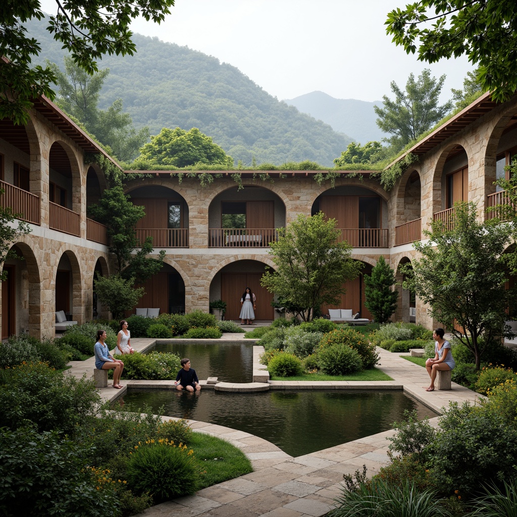 Prompt: Serene monastery courtyard, lush greenery, natural stone walls, wooden accents, rustic doors, tranquil water features, peaceful statues, organic architecture, curved lines, earthy tones, sustainable materials, living roofs, green spaces, misty morning, soft warm lighting, shallow depth of field, 3/4 composition, panoramic view, realistic textures, ambient occlusion, surrounding mountains, rolling hills, meandering paths, scenic overlooks, natural ventilation systems, passive solar design.