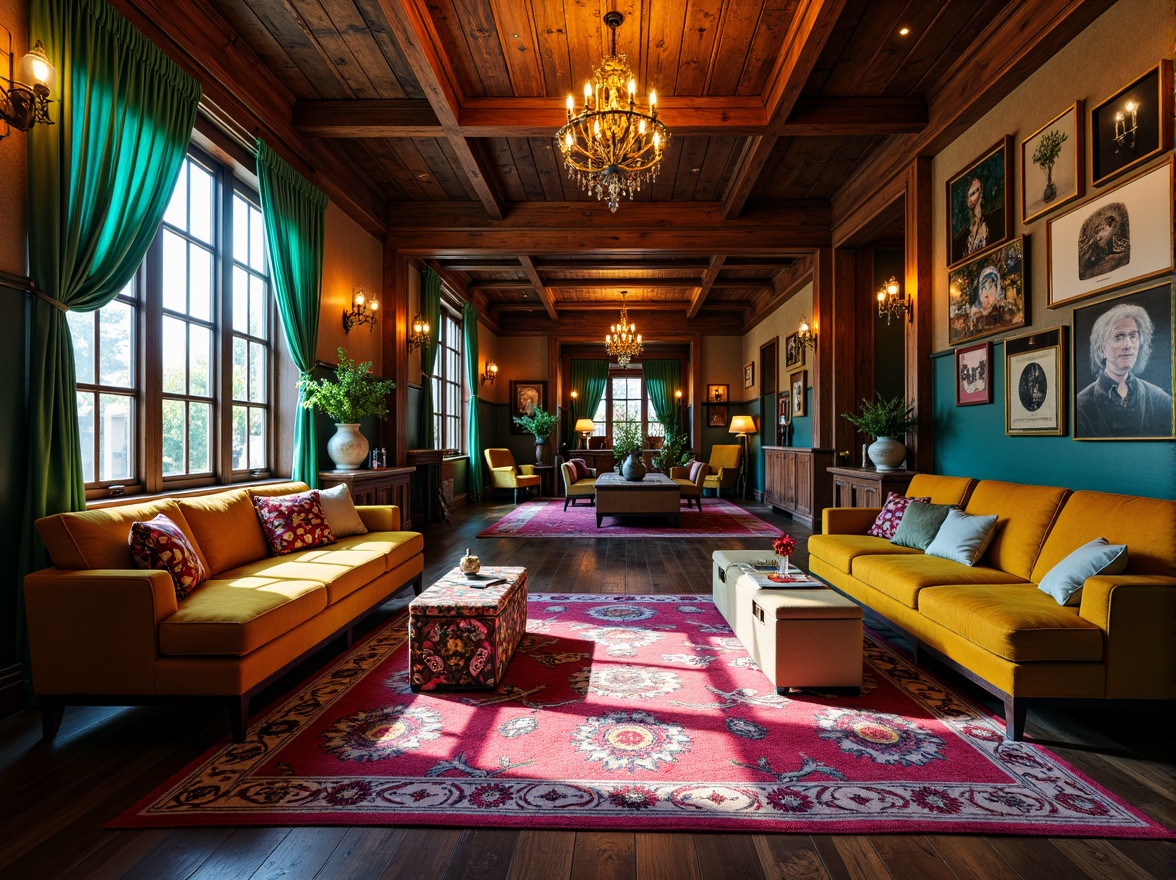 Prompt: Vibrant eclectic interior, rich velvet fabrics, bold patterned rugs, distressed wooden furniture, ornate metal accents, lavish chandeliers, warm golden lighting, soft focus, shallow depth of field, 1/1 composition, realistic textures, ambient occlusion, bohemian-inspired colors, deep blues, emerald greens, mustard yellows, crimson reds, luxurious purples, metallic silvers, rich bronzes.