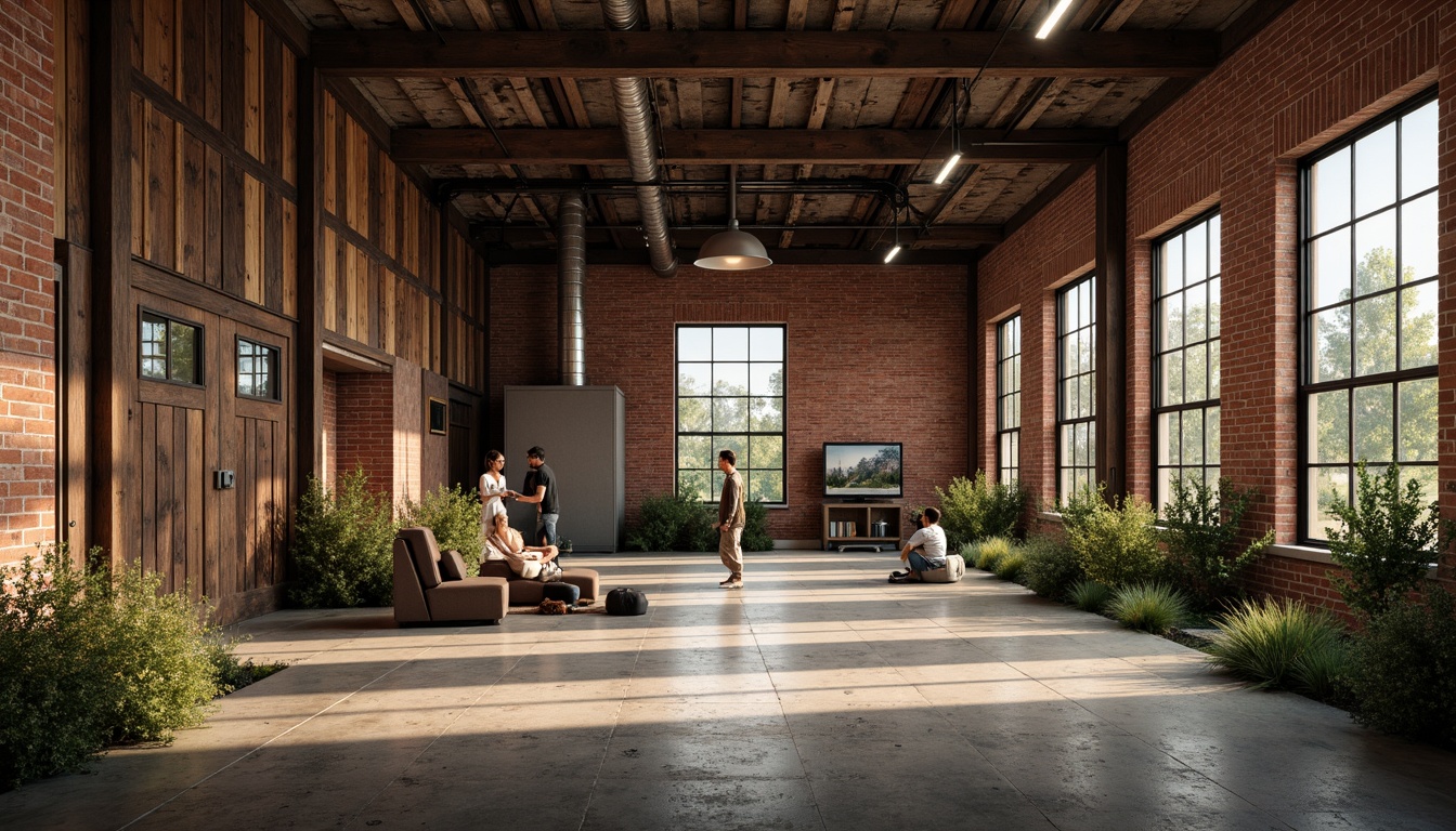 Prompt: Rustic industrial landscape, abandoned factories, worn brick walls, distressed metal roofs, reclaimed wood accents, earthy tones, natural textures, regional materials, local craftsmanship, exposed ductwork, concrete floors, steel beams, functional minimalism, industrial chic aesthetic, warm soft lighting, shallow depth of field, 1/1 composition, realistic renderings, ambient occlusion.