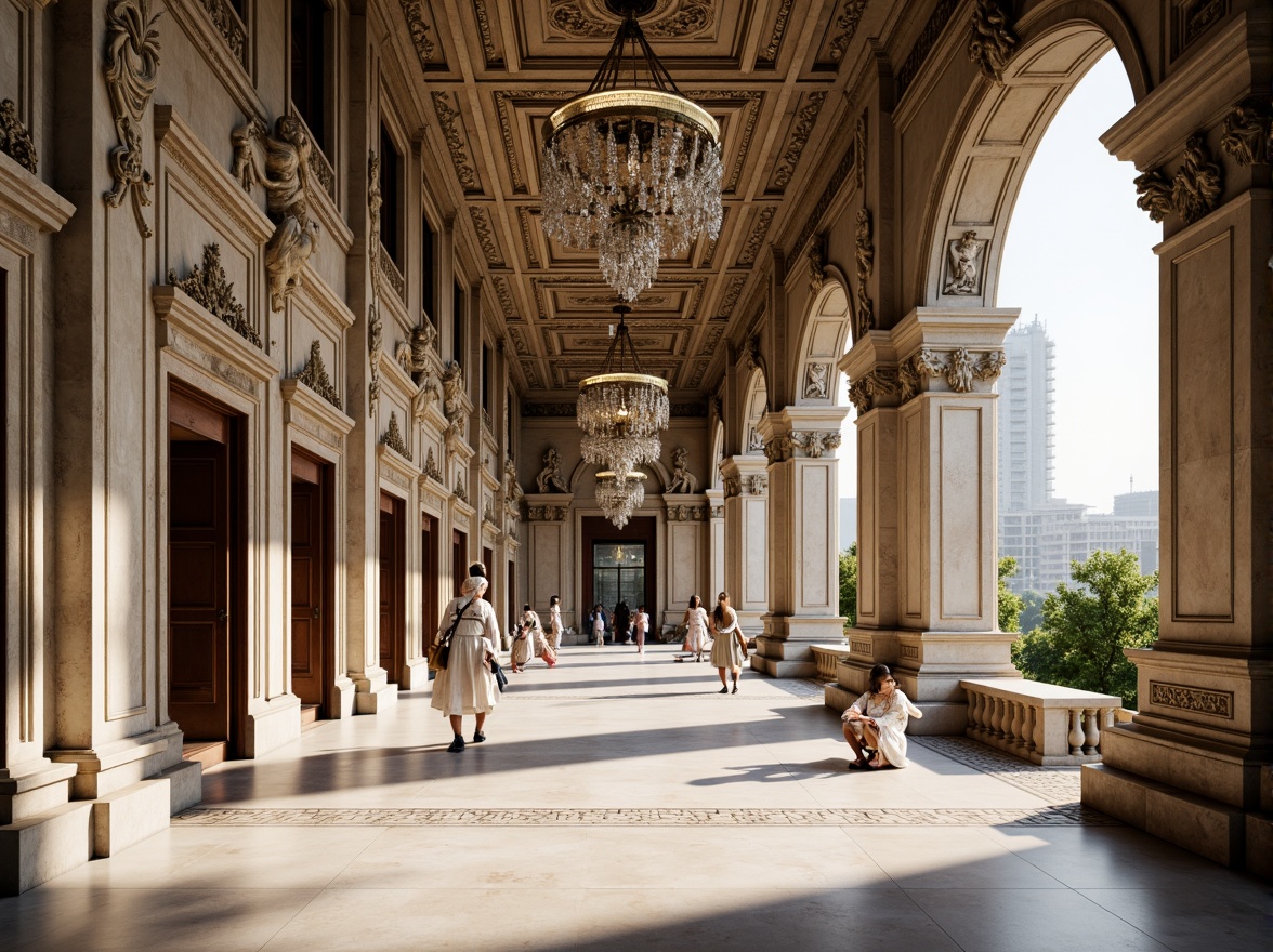 Prompt: Intricate carvings, ornate moldings, grandiose columns, symmetrical facades, classical arches, ornamental pediments, decorative friezes, sculpted figurines, gilded accents, polished marble floors, crystal chandeliers, luxurious textiles, subtle color palette, soft natural lighting, shallow depth of field, 1/1 composition, realistic textures, ambient occlusion.