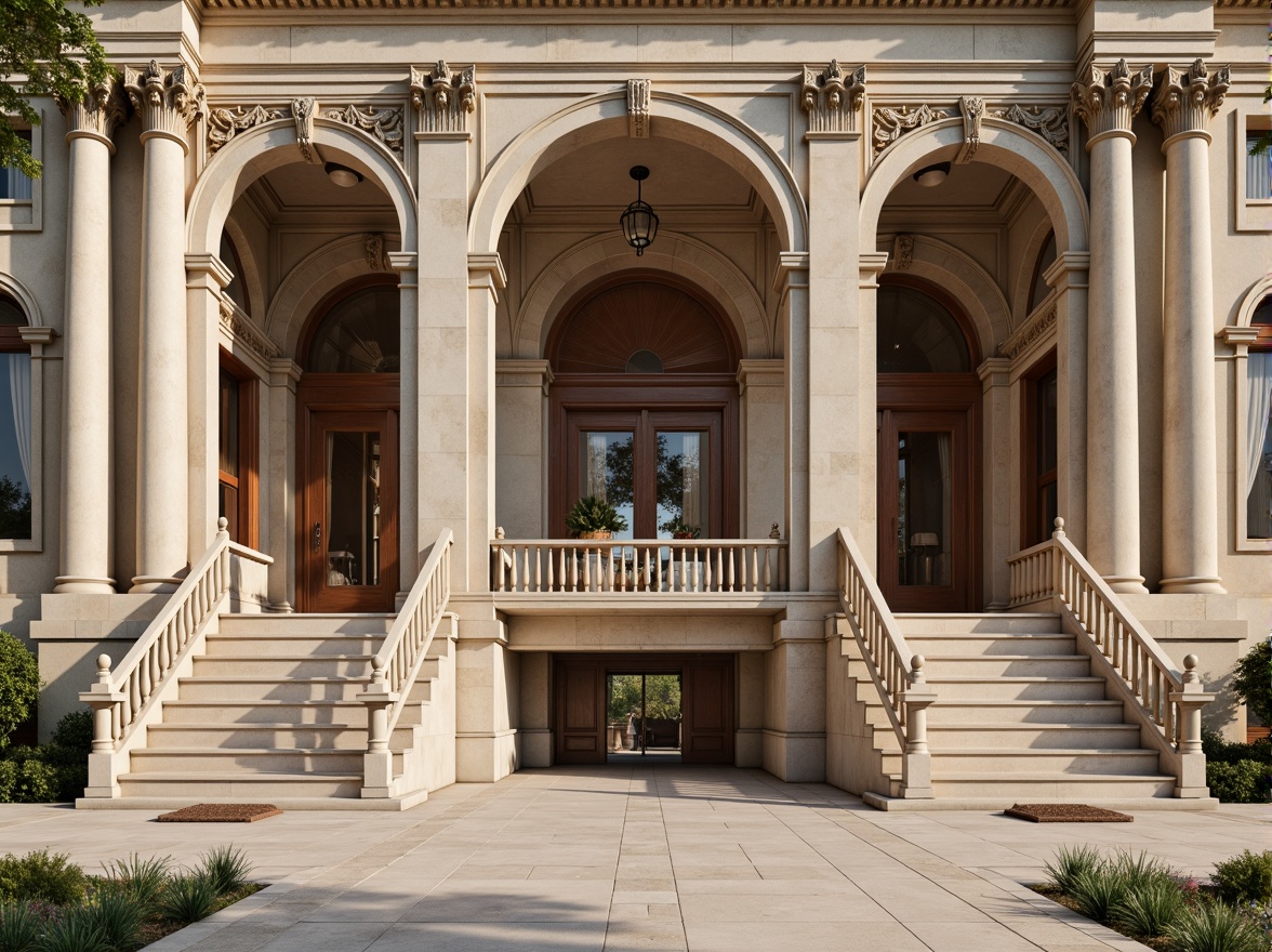 Prompt: Grandiose building facade, ornate columns, intricately carved details, symmetrical composition, classical arches, rusticated stone walls, grand entranceways, sweeping staircases, elegant balustrades, refined moldings, subtle ornamentation, muted earthy tones, warm beige stonework, soft natural lighting, shallow depth of field, 2/3 composition, realistic textures, ambient occlusion.