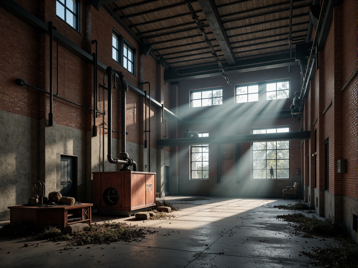 Prompt: Rustic industrial landscape, abandoned factories, distressed brick walls, metal beams, reclaimed wood accents, exposed ductwork, concrete floors, steel columns, urban decay, gritty textures, moody lighting, dramatic shadows, cinematic composition, 1/1 aspect ratio, high contrast, atmospheric fog, misty ambiance, functional pipes, mechanical equipment, industrial heritage, brutalist architecture, raw concrete forms, metallic tones, utilitarian design.