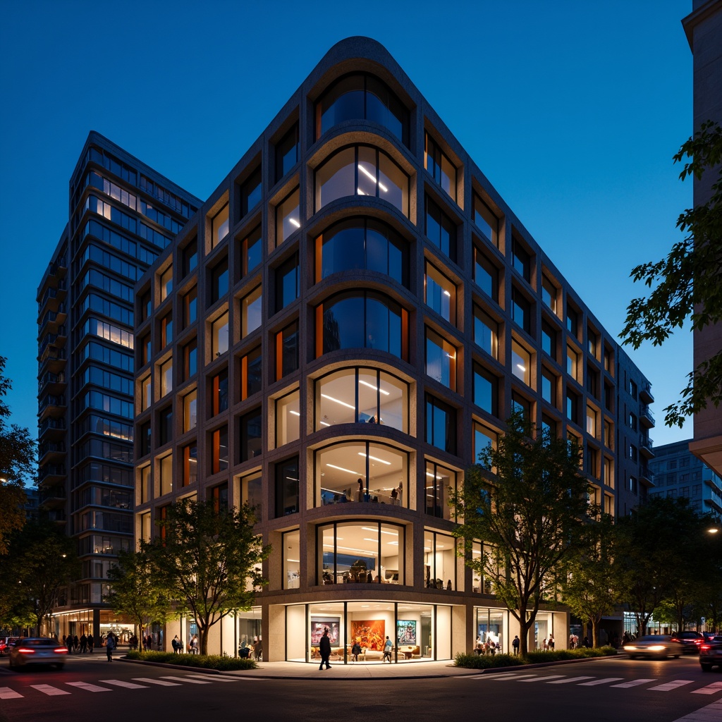 Prompt: Geometric hotel facade, asymmetrical composition, rectangular windows, industrial materials, raw concrete walls, steel beams, minimalist decor, functional simplicity, bold color accents, abstract artwork, urban cityscape, busy streets, modern streetlights, dramatic nighttime lighting, low-angle shot, 1/2 composition, high-contrast tone, cinematic atmosphere, brutalist architecture, clean lines, rectangular shapes, functional minimalism.