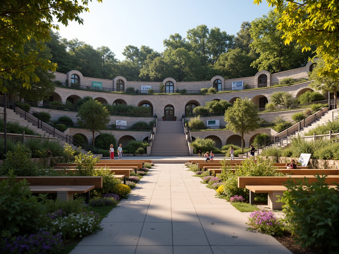 Prompt: Grand amphitheater, tiered seating, natural stone walls, lush greenery, vibrant flowers, wooden benches, educational signs, curved architecture, grand staircase, ornate railings, warm lighting, shallow depth of field, 3/4 composition, panoramic view, realistic textures, ambient occlusion.