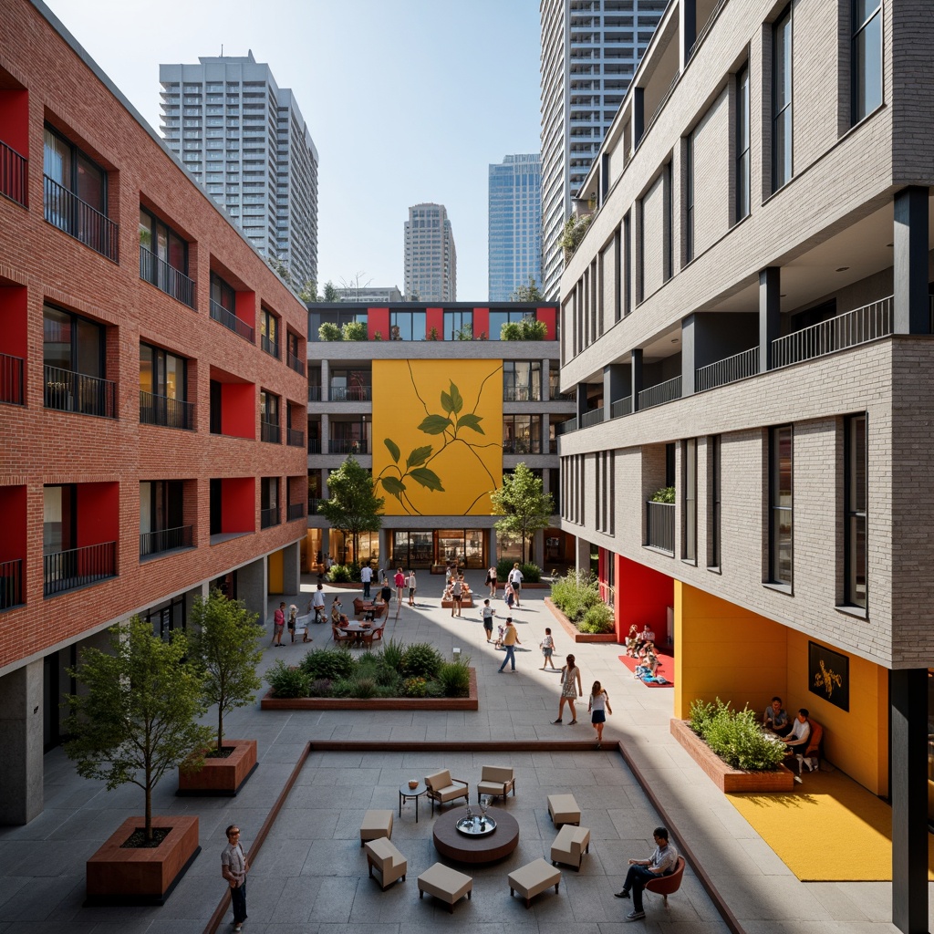 Prompt: Geometric student halls, bold primary colors, rectangular windows, flat roofs, functionalist architecture, industrial materials, exposed brick walls, steel beams, minimalist decor, communal living spaces, modern furniture, abstract artwork, natural light, 1/1 composition, high contrast lighting, dramatic shadows, urban surroundings, cityscape views, busy streets, contemporary urban life.