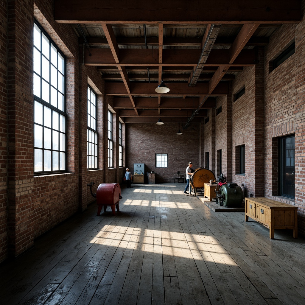 Prompt: Industrial factory setting, exposed brick walls, metal beams, worn wooden floors, vintage machinery, distressed textures, earthy tones, muted colors, rusty reds, weathered blues, faded yellows, industrial greys, urban atmosphere, gritty realism, high contrast lighting, dramatic shadows, cinematic composition, 1/2 camera angle, realistic renderings, ambient occlusion.