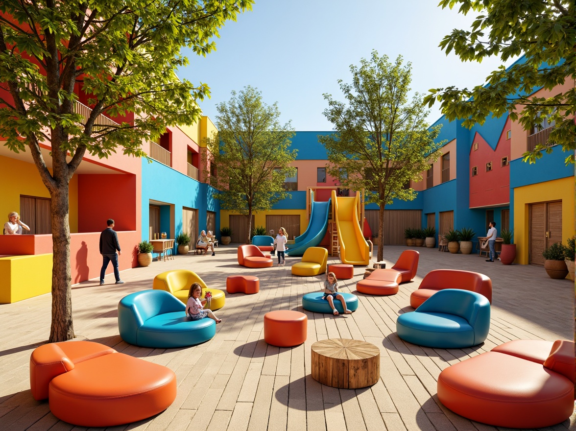 Prompt: Vibrant playground, bright color accents, whimsical murals, playful furniture, soft cushions, rounded shapes, natural wood textures, bold geometric patterns, sunny day, warm lighting, shallow depth of field, 1/1 composition, realistic renderings, ambient occlusion.