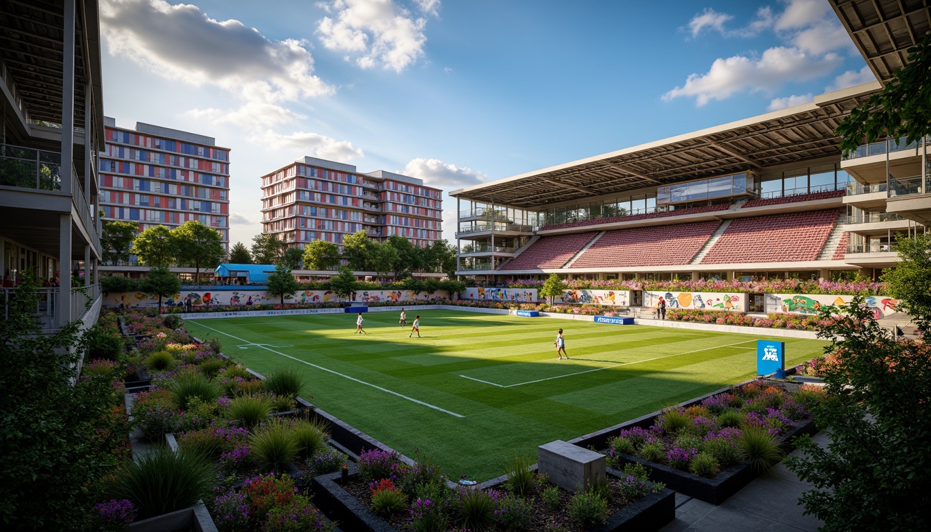 Prompt: Vibrant soccer stadium, energetic atmosphere, bold team colors, dynamic lighting, modern social housing, sleek architecture, urban landscape, concrete structures, steel beams, green roofs, communal spaces, outdoor recreational areas, children's playgrounds, community gardens, bright color accents, geometric patterns, abstract murals, urban graffiti, warm evening ambiance, softbox lighting, shallow depth of field, 1/2 composition, realistic textures, ambient occlusion.