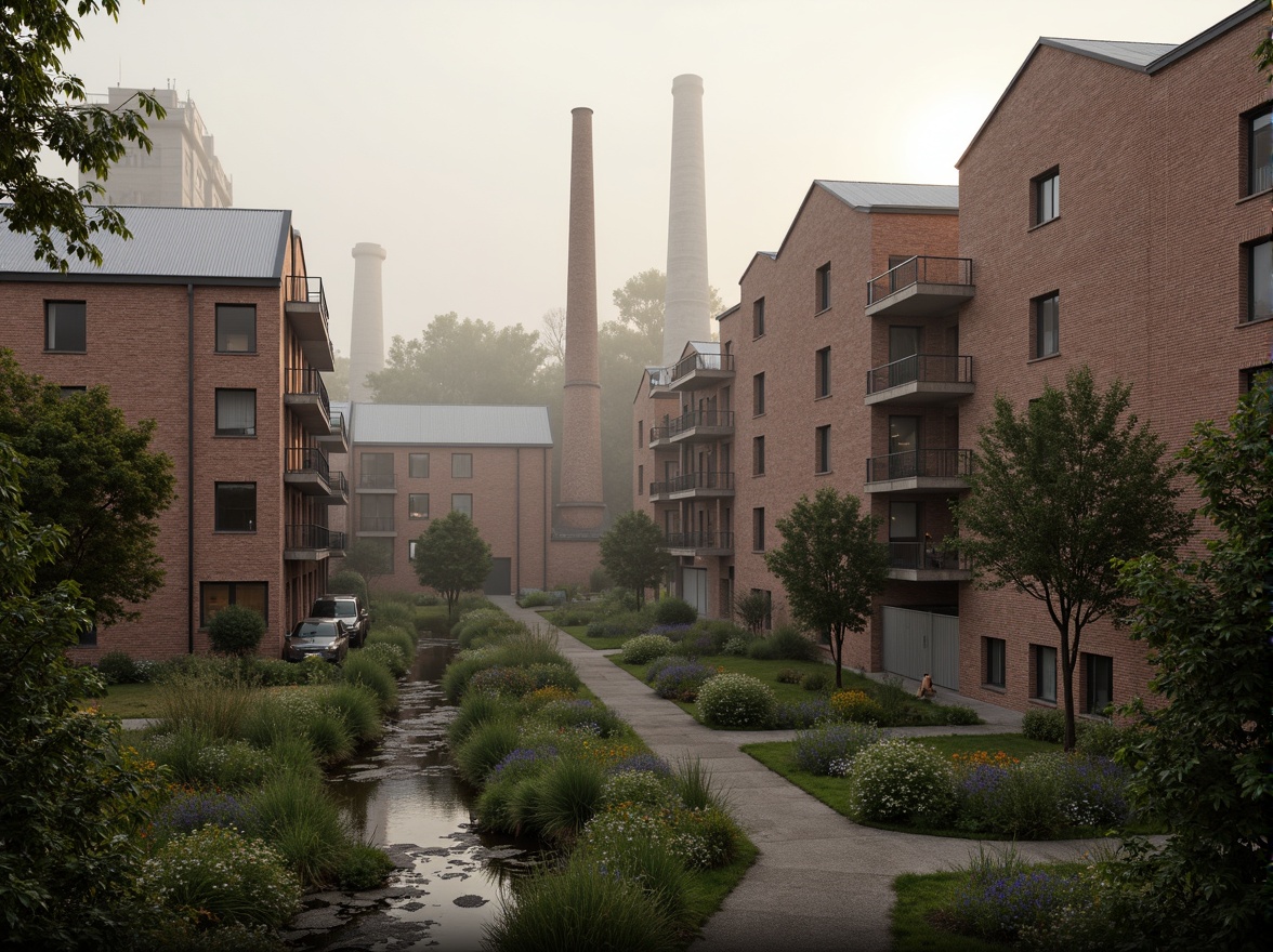 Prompt: Industrial factory complex, rustic brick buildings, corrugated metal roofs, worn concrete walls, vintage machinery, abandoned chimneys, overgrown vegetation, wildflowers, meandering streams, misty atmosphere, soft warm lighting, shallow depth of field, 3/4 composition, panoramic view, realistic textures, ambient occlusion, regionalism-inspired architecture, modern industrial design, functional spaces, exposed ductwork, metal catwalks, reclaimed wood accents, earthy color palette, natural stone pathways, weathered steel bridges.