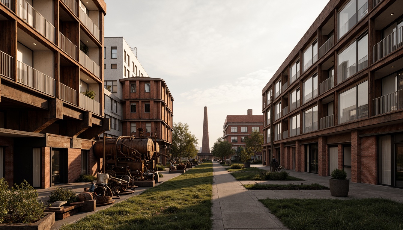 Prompt: Industrial heritage site, exposed brick buildings, rusty metal structures, reclaimed wood accents, vintage factory equipment, urban renewal, mixed-use development, adaptive reuse, modern amenities, sleek glass facades, corten steel cladding, brutalist architecture, post-industrial landscape, overgrown vegetation, abandoned machinery, nostalgic atmosphere, warm golden lighting, shallow depth of field, 2/3 composition, realistic textures, ambient occlusion.