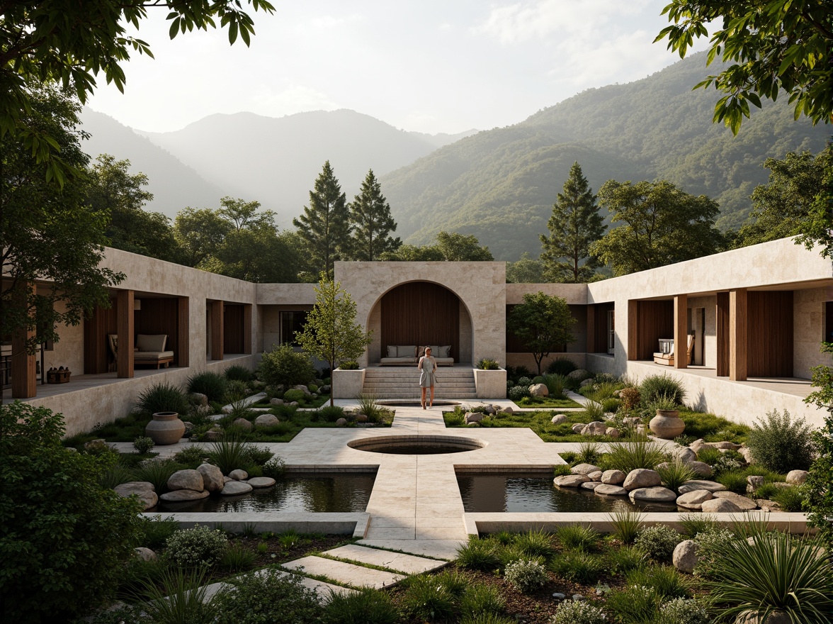 Prompt: Serene monastery courtyard, lush greenery, natural stone walls, wooden accents, rustic doors, tranquil water features, peaceful statues, organic architecture, curved lines, earthy tones, sustainable materials, living roofs, green spaces, misty morning, soft warm lighting, shallow depth of field, 3/4 composition, panoramic view, realistic textures, ambient occlusion, surrounding mountains, rolling hills, meandering paths, scenic overlooks, natural ventilation systems, passive solar design.