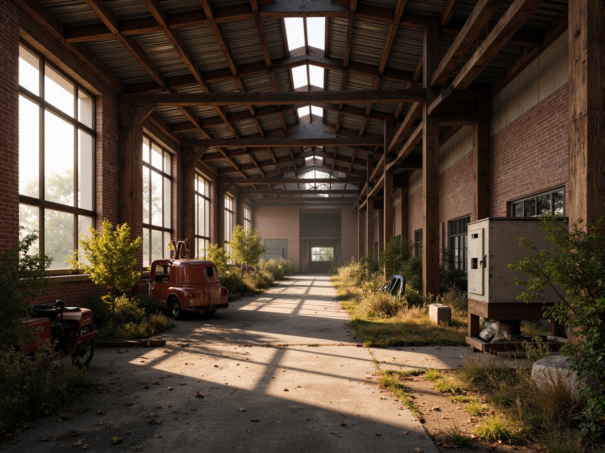 Prompt: Rustic industrial landscape, abandoned factories, distressed brick walls, corrugated metal roofs, worn wooden beams, vintage machinery, urban decay, overgrown vegetation, gritty urban atmosphere, warm golden lighting, shallow depth of field, 1/2 composition, cinematic view, realistic textures, ambient occlusion, nostalgic mood, retro-futuristic elements, exposed ductwork, concrete floors, steel columns, reclaimed wood accents, industrial chic aesthetic.