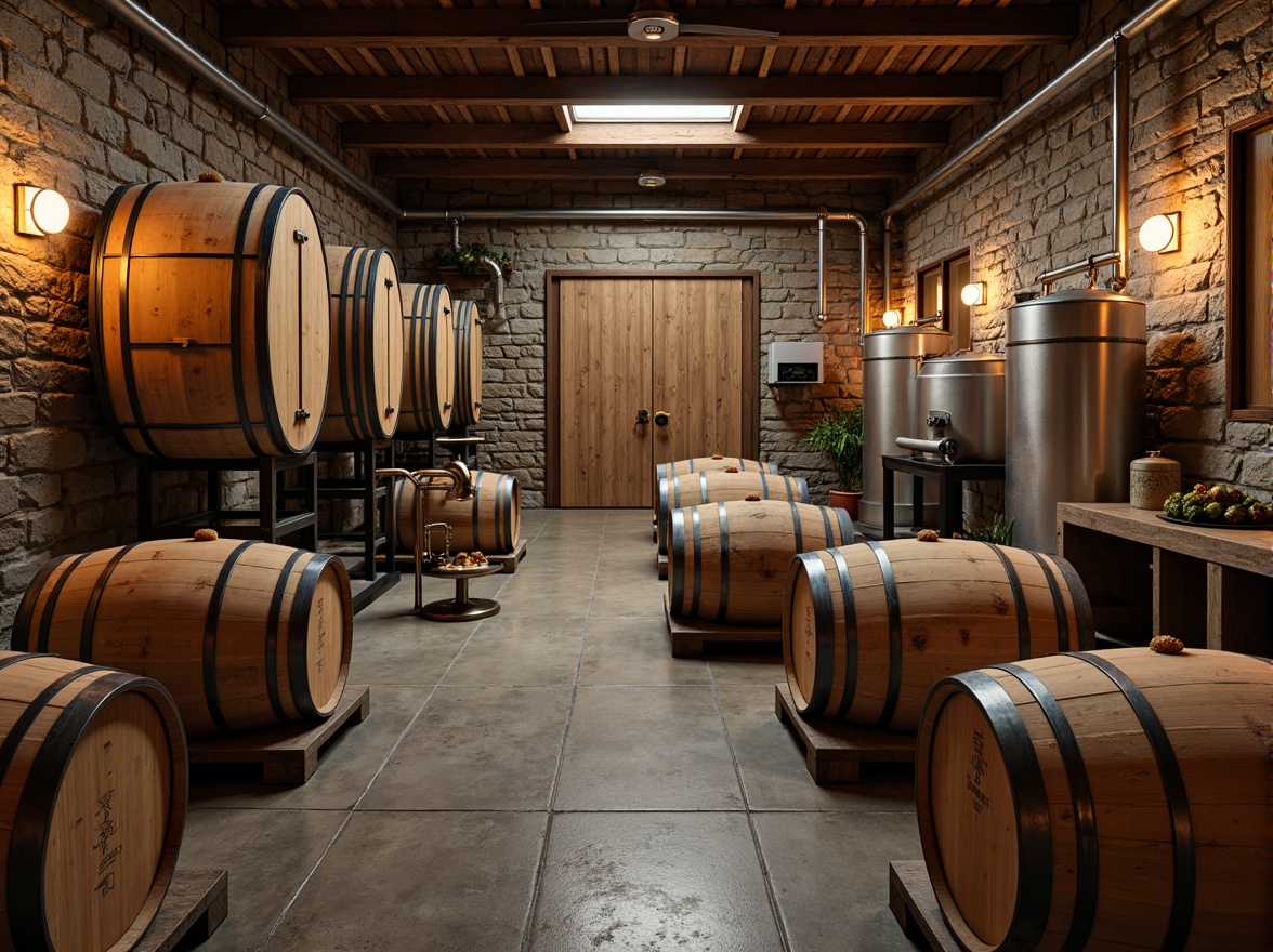 Prompt: Rustic winery building, wooden barrels, vintage wine-making equipment, stone walls, earthy tones, natural lighting, large wooden doors, metal accents, modern industrial touches, sleek steel tanks, stainless steel pipes, fermentation rooms, grape crushing machines, wine cellar, underground tunnels, dim warm lighting, shallow depth of field, 1/1 composition, realistic textures, ambient occlusion.