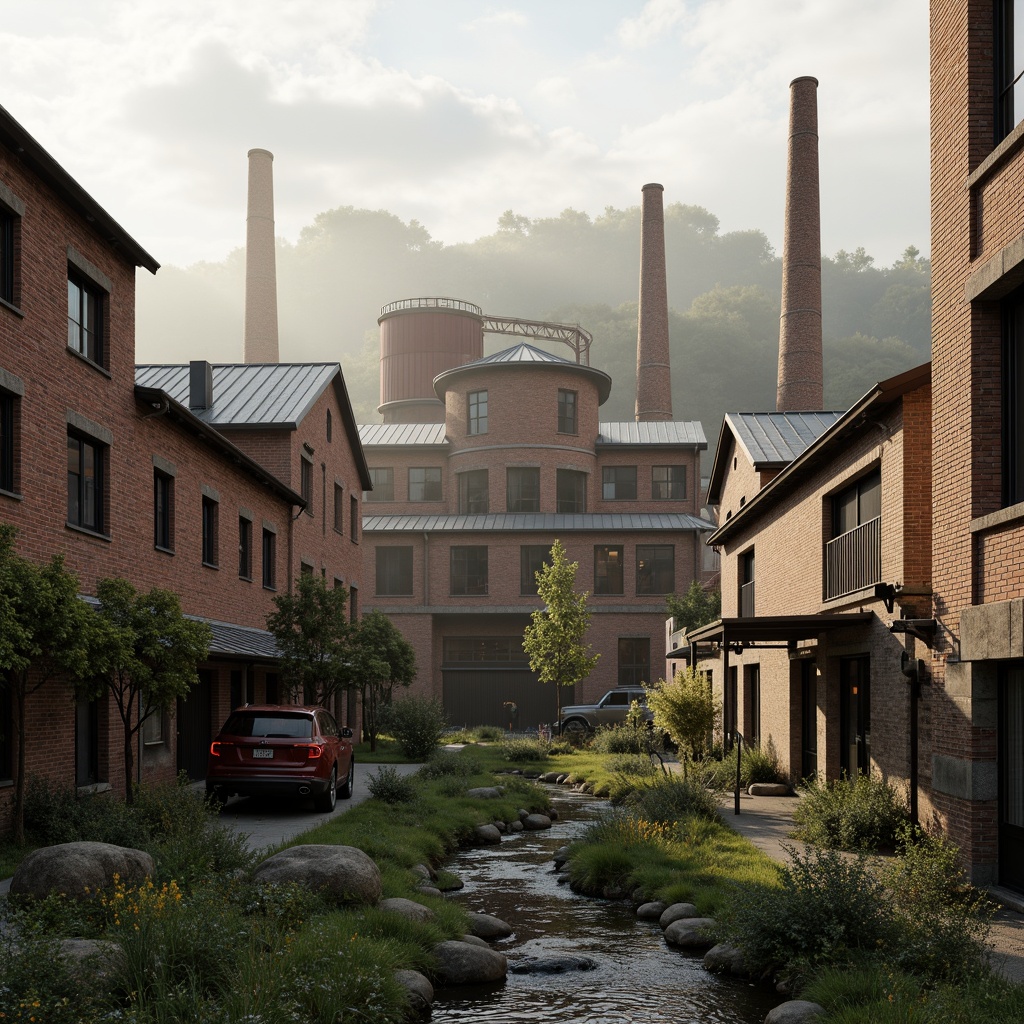 Prompt: Industrial factory complex, rustic brick buildings, corrugated metal roofs, worn concrete walls, vintage machinery, abandoned chimneys, overgrown vegetation, wildflowers, meandering streams, misty atmosphere, soft warm lighting, shallow depth of field, 3/4 composition, panoramic view, realistic textures, ambient occlusion, regionalist architectural style, functional simplicity, earthy color palette, distressed finishes, reclaimed wood accents, metal cladding, industrial heritage, nostalgic ambiance.