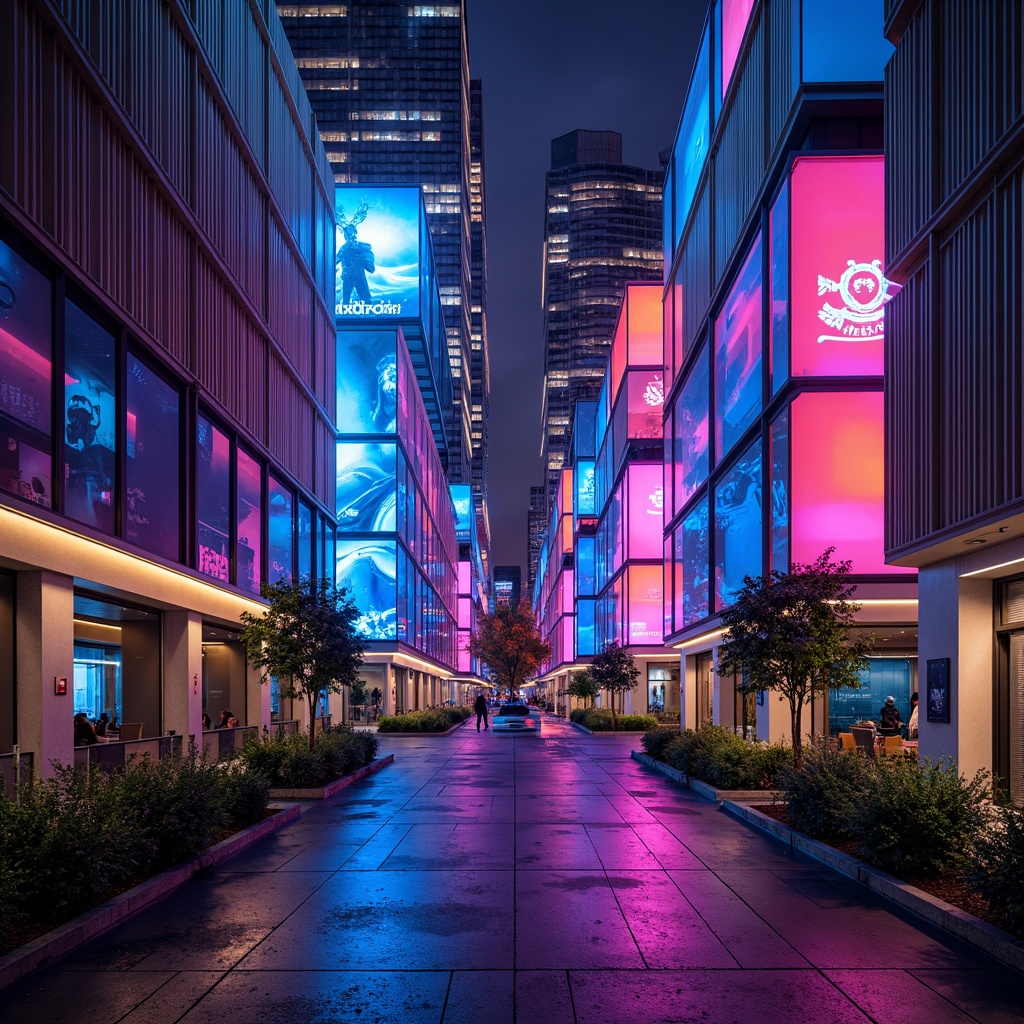 Prompt: Vibrant neon lights, iridescent hues, metallic sheen, reflective surfaces, glowing accents, futuristic skyscrapers, abstract geometries, deconstructed forms, avant-garde designs, bold color blocking, clashing textures, industrial materials, exposed ductwork, neon-lit cityscapes, dystopian landscapes, cyberpunk aesthetics, high-contrast lighting, dramatic shadows, 3D modeling, algorithmic patterns, parametric design, futuristic urban planning, innovative building systems.