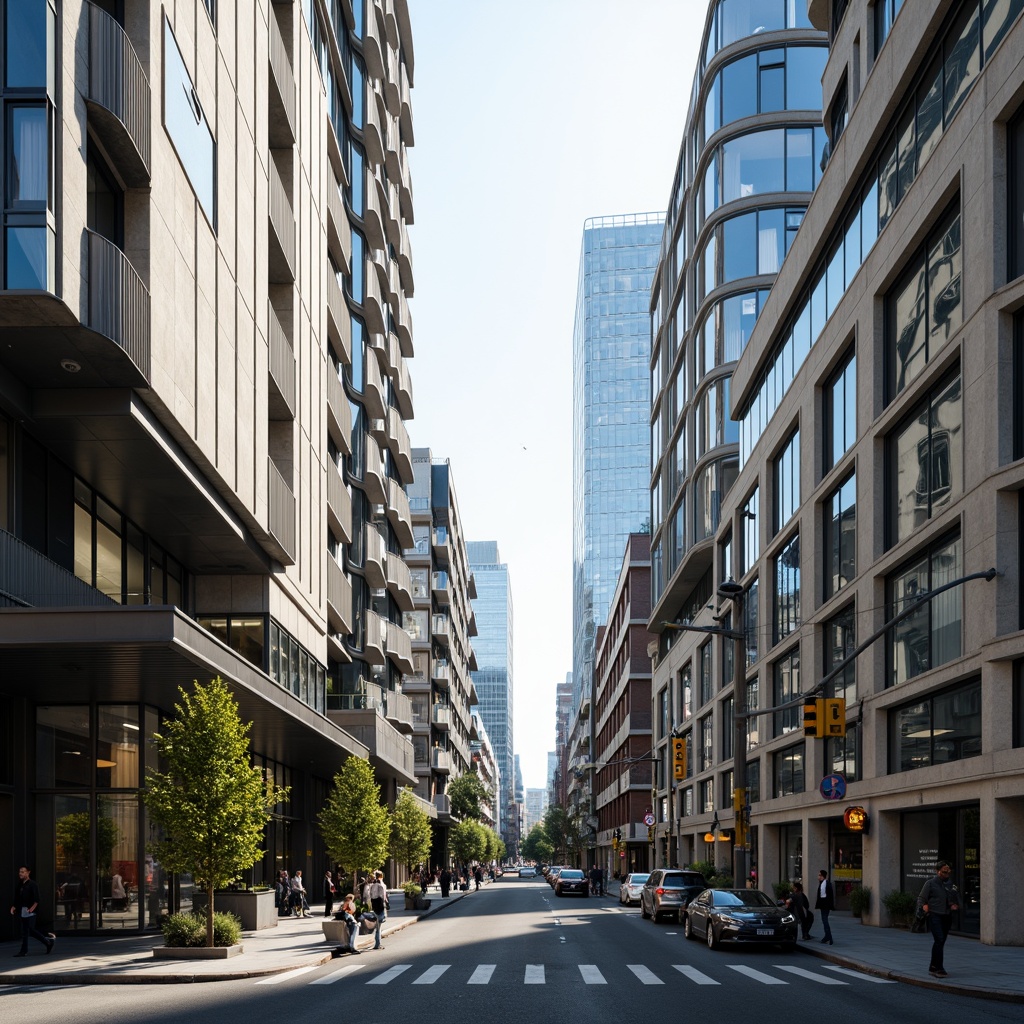 Prompt: Sleek modern buildings, curved lines, metallic surfaces, reflective glass facades, monochromatic color scheme, neutral tones, creamy whites, dark grays, bold accents, vibrant blues, warm beige, industrial materials, urban cityscape, busy streets, morning sunlight, soft shadows, 1/1 composition, symmetrical framing, high contrast lighting, realistic reflections.