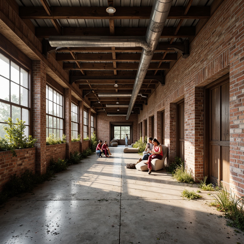 Prompt: Rustic industrial landscape, abandoned factories, worn brick walls, distressed metal roofs, reclaimed wood accents, earthy tones, natural textures, regional materials, local craftsmanship, exposed ductwork, concrete floors, steel beams, functional minimalism, industrial chic aesthetic, warm soft lighting, shallow depth of field, 1/1 composition, realistic renderings, ambient occlusion.