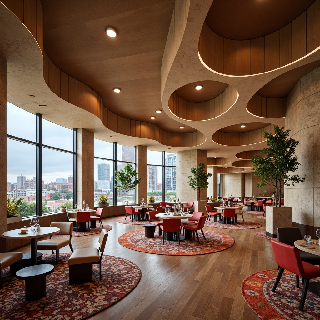 Prompt: Vibrant dining hall, undulating ceiling, flowing curves, organic shapes, natural stone walls, polished wooden floors, minimalist lighting fixtures, suspended acoustic panels, eclectic furniture arrangement, bold color accents, geometric patterned rugs, floor-to-ceiling windows, panoramic city views, soft warm ambiance, shallow depth of field, 1/1 composition, realistic textures, ambient occlusion.