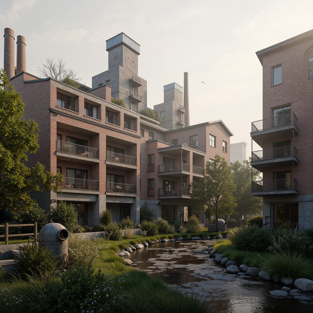 Prompt: Industrial factory complex, rustic brick buildings, corrugated metal roofs, worn concrete walls, vintage machinery, abandoned chimneys, overgrown vegetation, wildflowers, meandering streams, misty atmosphere, soft warm lighting, shallow depth of field, 3/4 composition, panoramic view, realistic textures, ambient occlusion, regionalism-inspired architecture, modern industrial design, functional spaces, exposed ductwork, metal catwalks, reclaimed wood accents, earthy color palette, natural stone pathways, weathered steel bridges.