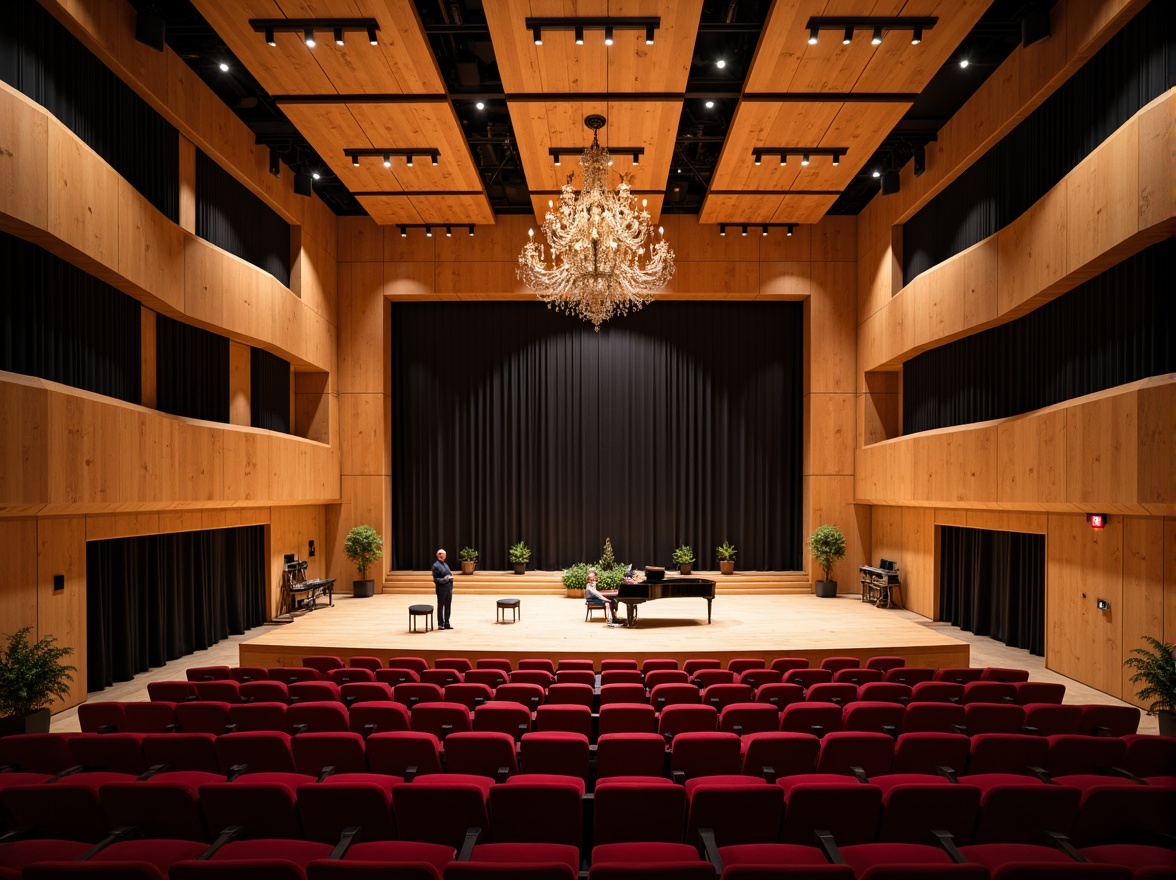 Prompt: Intimate concert hall, wooden acoustic panels, sound-absorbing materials, curved lines, minimalist decor, warm ambient lighting, shallow stage, grand piano, professional audio equipment, high ceilings, ornate chandeliers, plush red seats, velvet curtains, dramatic spotlights, 1/1 composition, soft focus, realistic textures, subtle reflections.