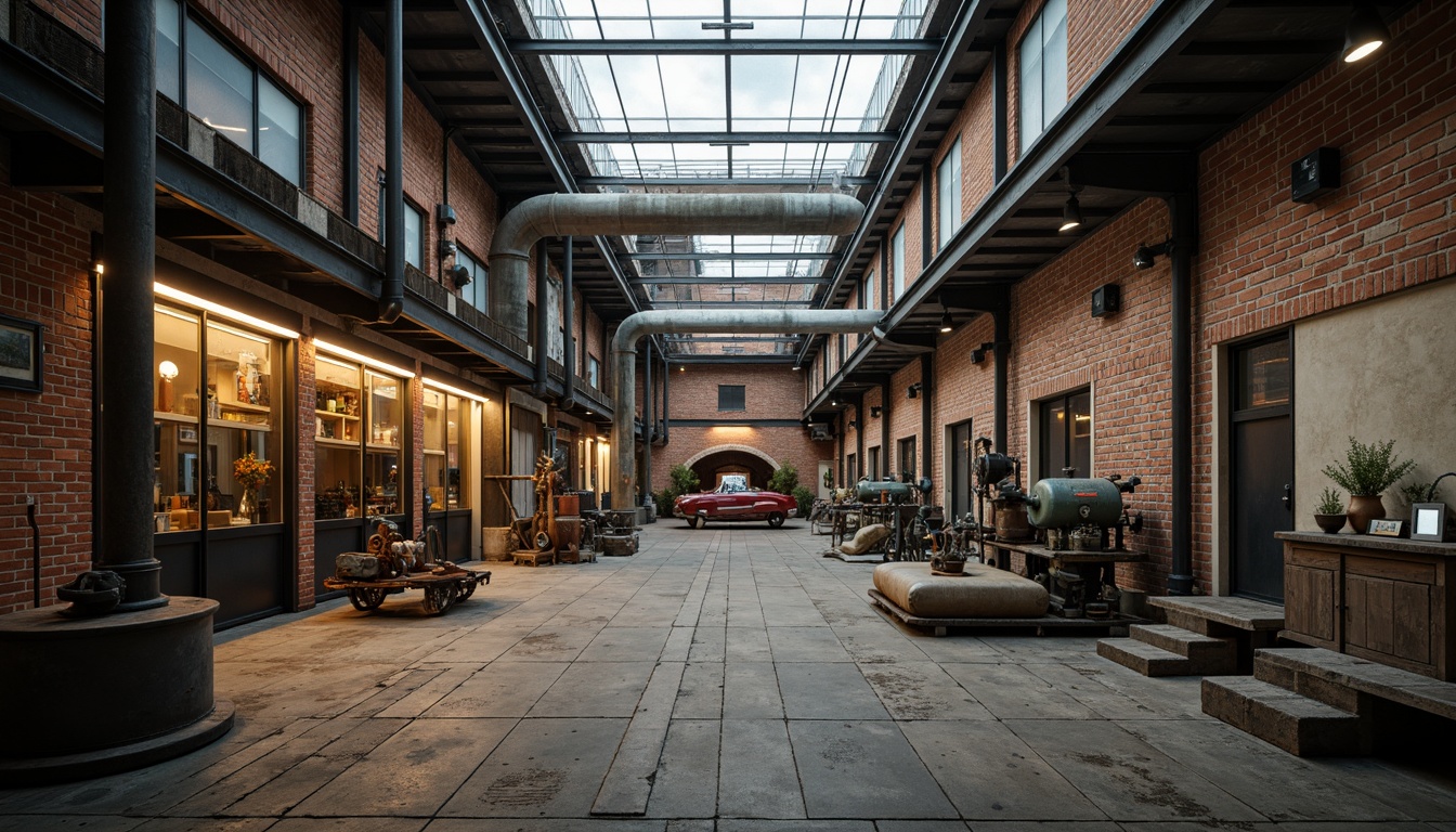 Prompt: Industrial factory setting, exposed brick walls, metal beams, worn wooden floors, distressed concrete textures, vintage machinery, rusty pipes, urban cityscape, cloudy grey skies, warm golden lighting, shallow depth of field, 1/2 composition, realistic materials, ambient occlusion, muted color palette, earthy tones, weathered steel blues, faded reds, industrial greens, creamy whites, rich browns.