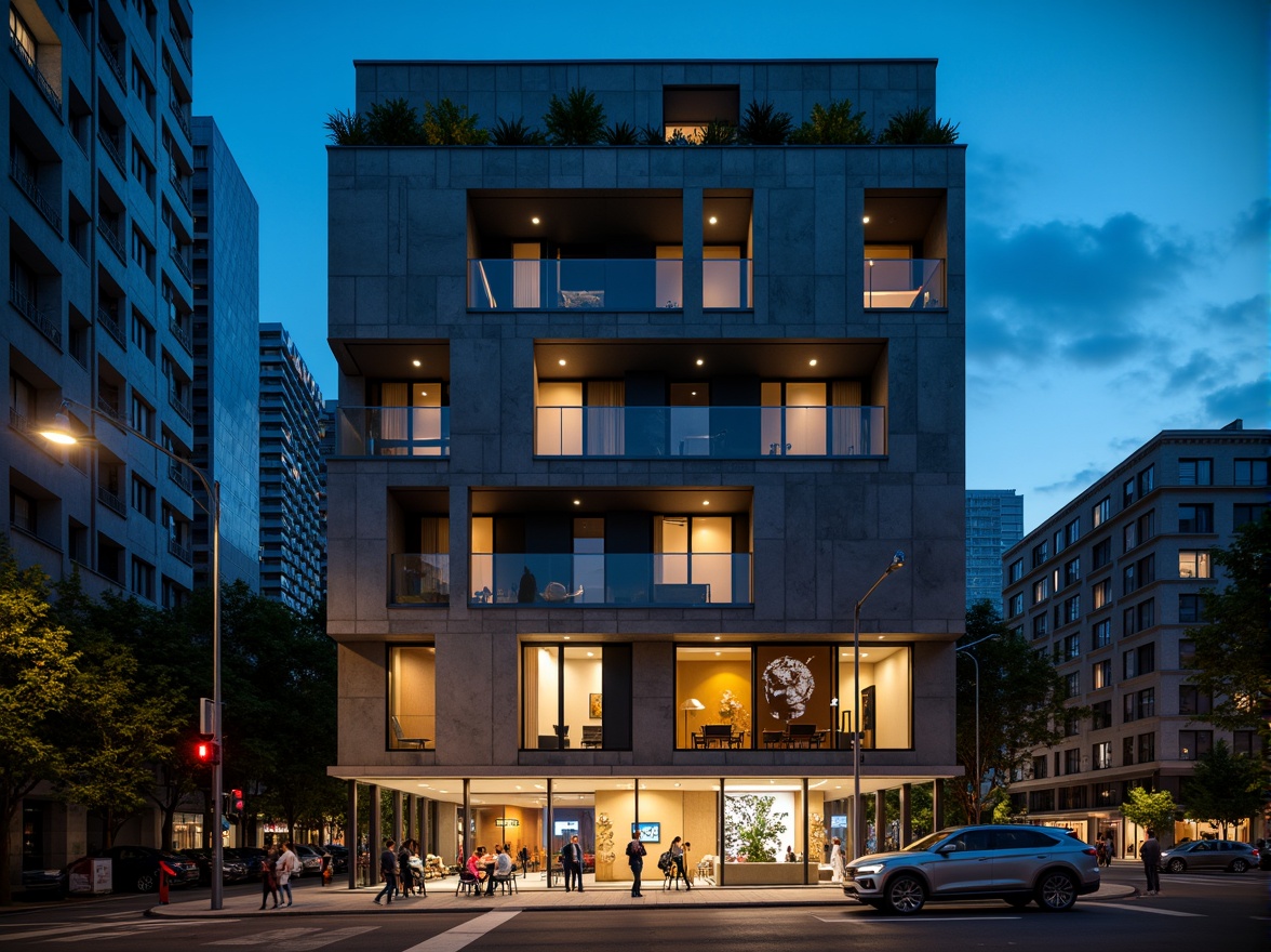 Prompt: Geometric hotel facade, asymmetrical composition, rectangular windows, industrial materials, raw concrete walls, steel beams, minimalist decor, functional simplicity, bold color accents, abstract artwork, urban cityscape, busy streets, modern streetlights, dramatic nighttime lighting, low-angle shot, 1/2 composition, high-contrast tone, cinematic atmosphere, brutalist architecture, clean lines, rectangular shapes, functional minimalism.