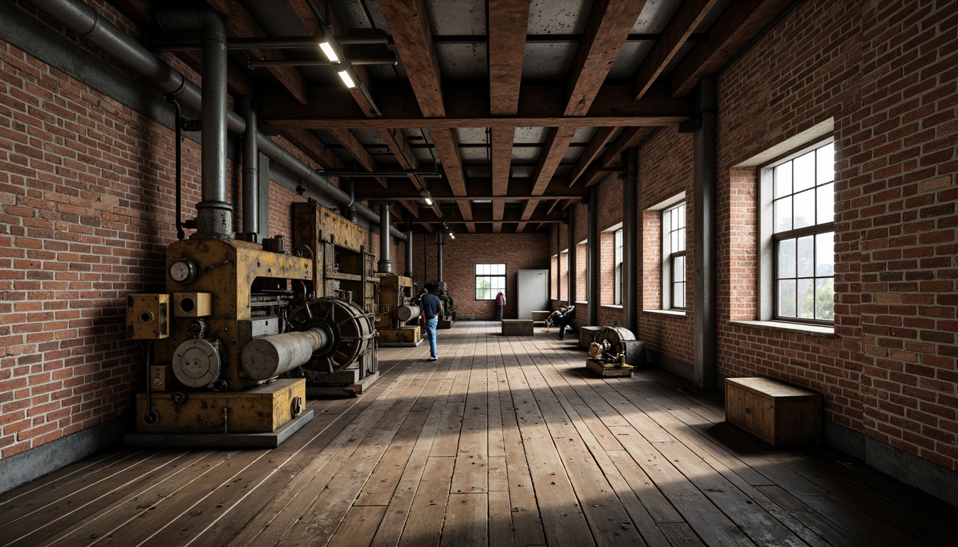 Prompt: Industrial factory setting, exposed brick walls, metal beams, worn wooden floors, vintage machinery, distressed textures, earthy tones, muted colors, rusty reds, weathered blues, faded yellows, industrial greys, urban atmosphere, gritty realism, high contrast lighting, dramatic shadows, cinematic composition, 1/2 camera angle, realistic renderings, ambient occlusion.