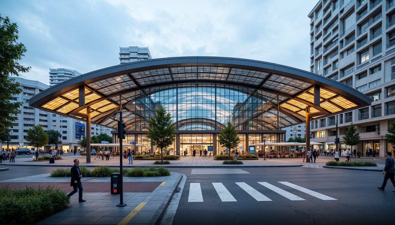 Prompt: Futuristic tram station, curved canopy structure, sleek metal framework, translucent glass roofing, vibrant LED lighting, urban cityscape, bustling streets, modern transportation hub, efficient passenger flow, comfortable waiting areas, real-time information displays, sustainable energy harvesting systems, green roofs, eco-friendly materials, innovative ventilation technologies, shaded outdoor spaces, misting systems, dynamic angular lines, minimalist design, panoramic views, realistic textures, ambient occlusion.