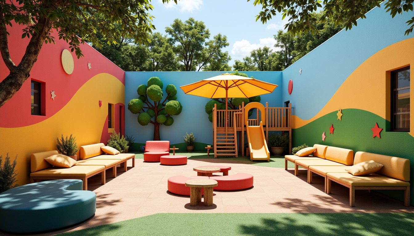 Prompt: Vibrant playground, bright color accents, whimsical murals, playful furniture, soft cushions, rounded shapes, natural wood textures, bold geometric patterns, sunny day, warm lighting, shallow depth of field, 1/1 composition, realistic renderings, ambient occlusion.