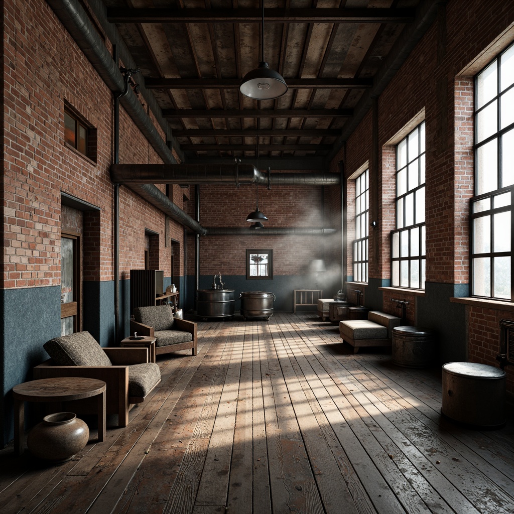 Prompt: Industrial factory setting, exposed brick walls, metal beams, worn wooden floors, vintage machinery, distressed textures, earthy tones, muted colors, rusty reds, weathered blues, faded yellows, industrial greys, urban atmosphere, gritty realism, high contrast lighting, dramatic shadows, cinematic composition, 1/2 camera angle, realistic renderings, ambient occlusion.