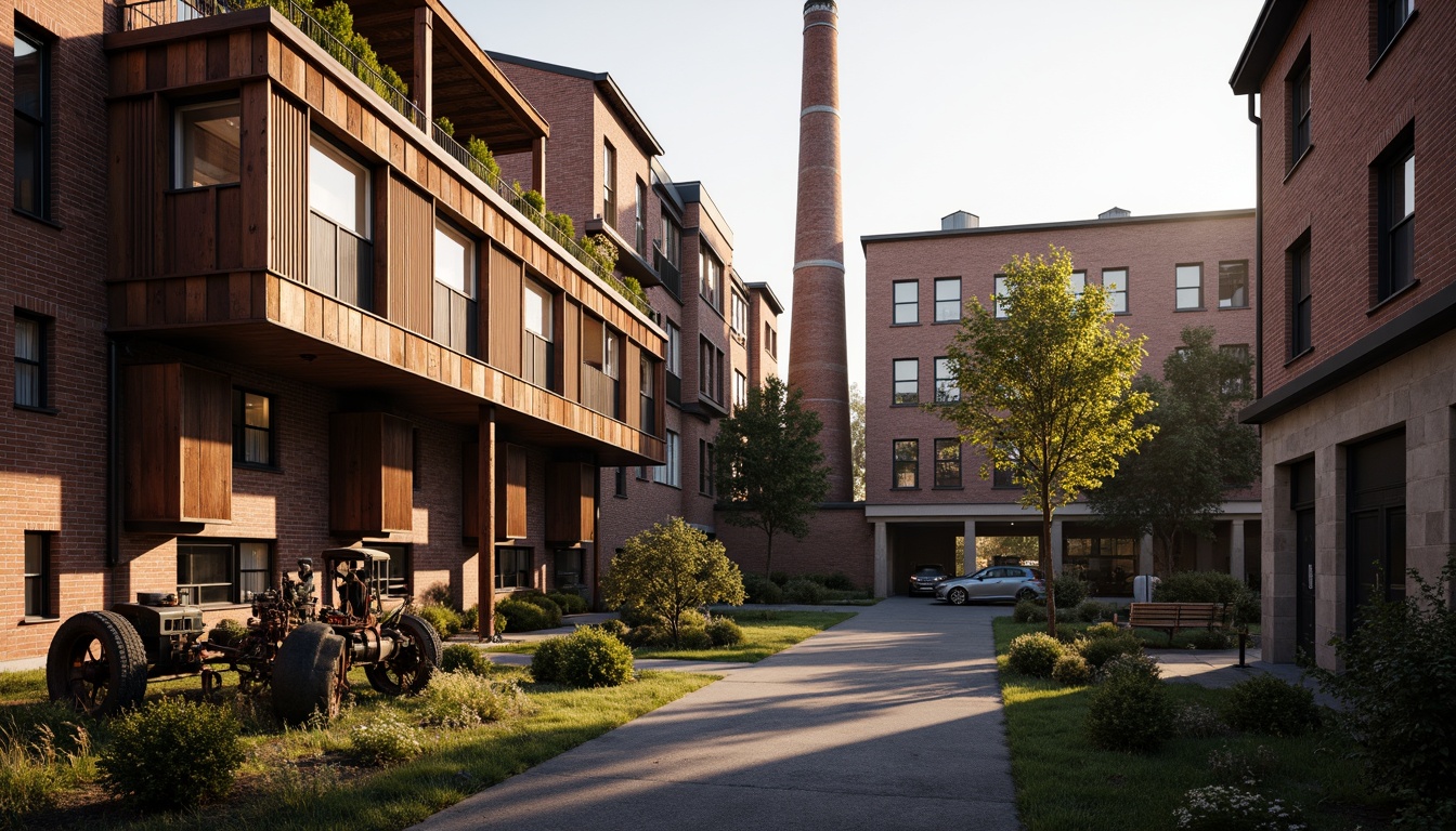 Prompt: Industrial heritage site, exposed brick buildings, rusty metal structures, reclaimed wood accents, vintage factory equipment, urban renewal, mixed-use development, adaptive reuse, modern amenities, sleek glass facades, corten steel cladding, brutalist architecture, post-industrial landscape, overgrown vegetation, abandoned machinery, nostalgic atmosphere, warm golden lighting, shallow depth of field, 2/3 composition, realistic textures, ambient occlusion.