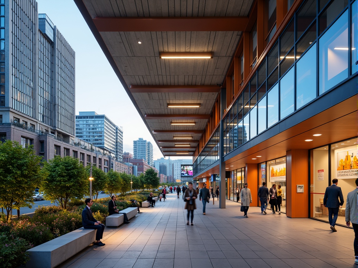 Prompt: Vibrant bus terminal, modern architecture, sleek metal beams, large glass windows, urban cityscape, bustling streets, morning commute, natural light, warm beige tones, deep blue accents, energetic orange hues, bold typography, wayfinding signage, pedestrian walkways, concrete flooring, stainless steel benches, greenery walls, ambient lighting, shallow depth of field, 3/4 composition, realistic textures.