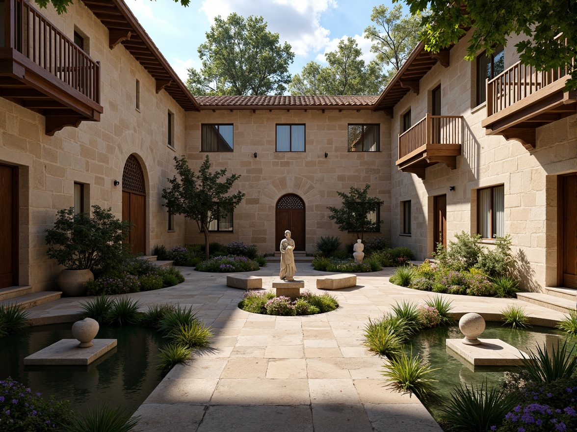 Prompt: Serene monastery courtyard, rustic stone walls, ornate wooden doors, tranquil water features, lush greenery, vibrant flowers, peaceful statues, intricate stonework, regional architectural elements, curved lines, earthy color palette, natural light filtering, warm ambient lighting, shallow depth of field, 3/4 composition, panoramic view, realistic textures, ambient occlusion.