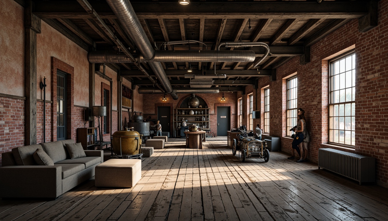 Prompt: Industrial factory setting, exposed brick walls, metal beams, worn wooden floors, vintage machinery, distressed textures, earthy tones, muted colors, rusty reds, weathered blues, faded yellows, industrial greys, urban atmosphere, gritty realism, high contrast lighting, dramatic shadows, cinematic composition, 1/2 camera angle, realistic renderings, ambient occlusion.