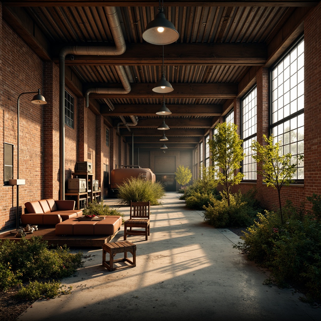 Prompt: Rustic industrial landscape, abandoned factories, distressed brick walls, corrugated metal roofs, worn wooden beams, vintage machinery, urban decay, overgrown vegetation, gritty urban atmosphere, warm golden lighting, shallow depth of field, 1/2 composition, cinematic view, realistic textures, ambient occlusion, nostalgic mood, retro-futuristic elements, exposed ductwork, concrete floors, steel columns, reclaimed wood accents, industrial chic aesthetic.