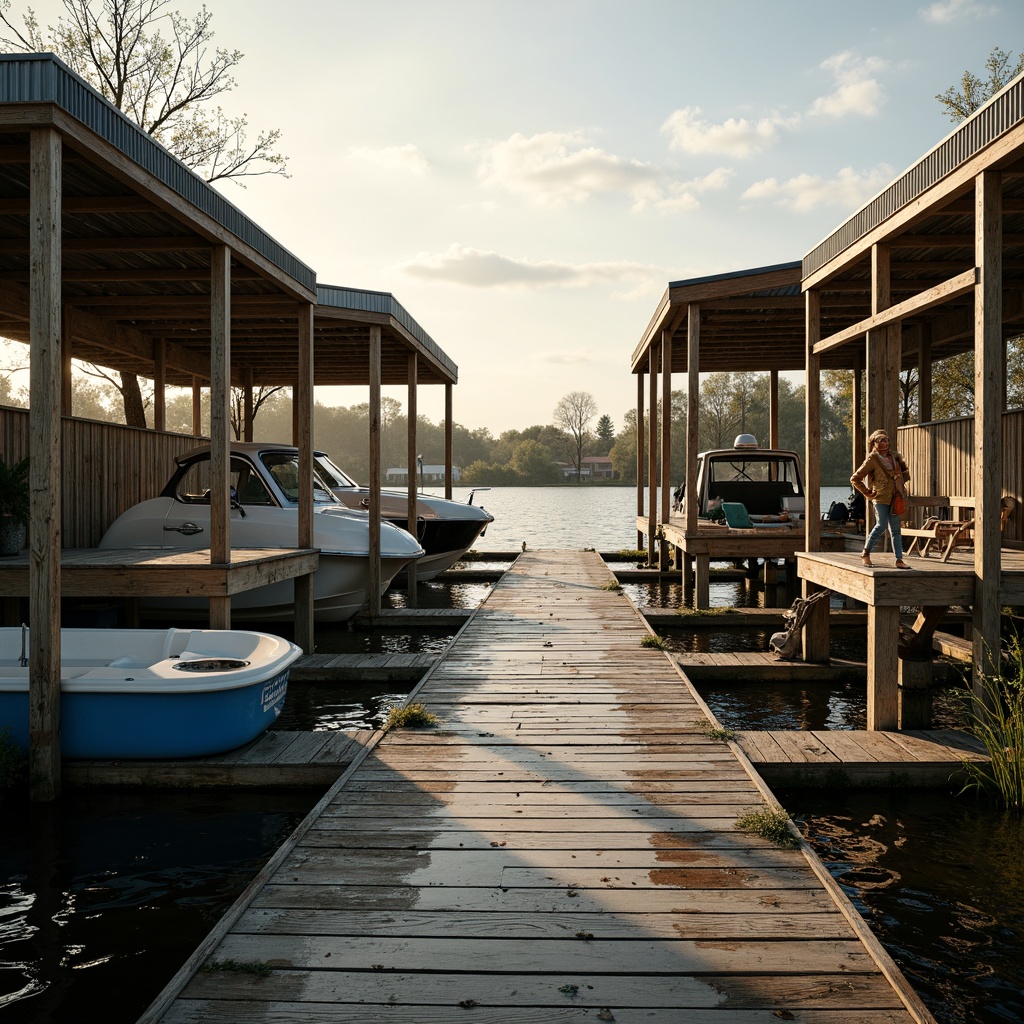 Prompt: Rustic wooden dock, weathered boat lifts, nautical ropes, distressed wood accents, corrugated metal roofs, wooden pilings, aquatic plants, serene lake views, warm golden lighting, shallow depth of field, 1/2 composition, symmetrical framing, realistic water reflections, ambient occlusion.