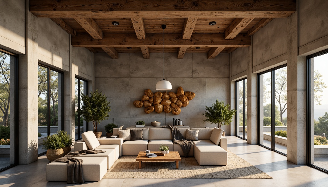 Prompt: Weathered wooden accents, reclaimed wood textures, earthy color palette, natural stone walls, exposed concrete structures, industrial metal frames, minimalist decor, functional simplicity, abundant natural light, soft warm ambiance, shallow depth of field, 1/1 composition, realistic material rendering, ambient occlusion.