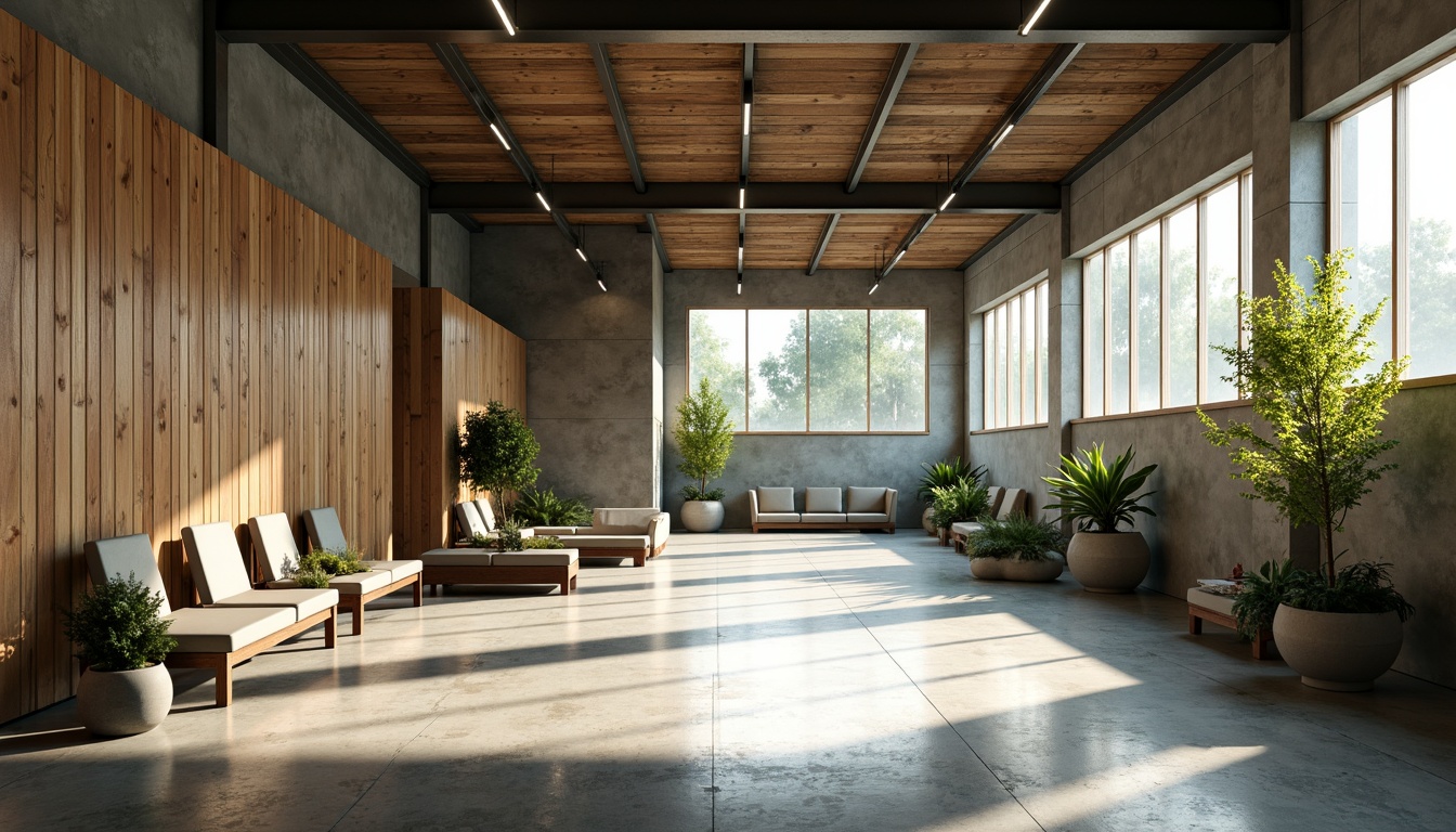 Prompt: Minimalist gymnasium interior, natural light pouring in, polished concrete floors, reclaimed wood accents, industrial metal beams, eco-friendly rubber flooring, energy-efficient LED lighting, green walls with living plants, modern minimalist equipment, sleek steel frames, recycled plastic furniture, calm color palette, abundant natural ventilation, shallow depth of field, 1/1 composition, soft warm lighting, realistic textures, ambient occlusion.