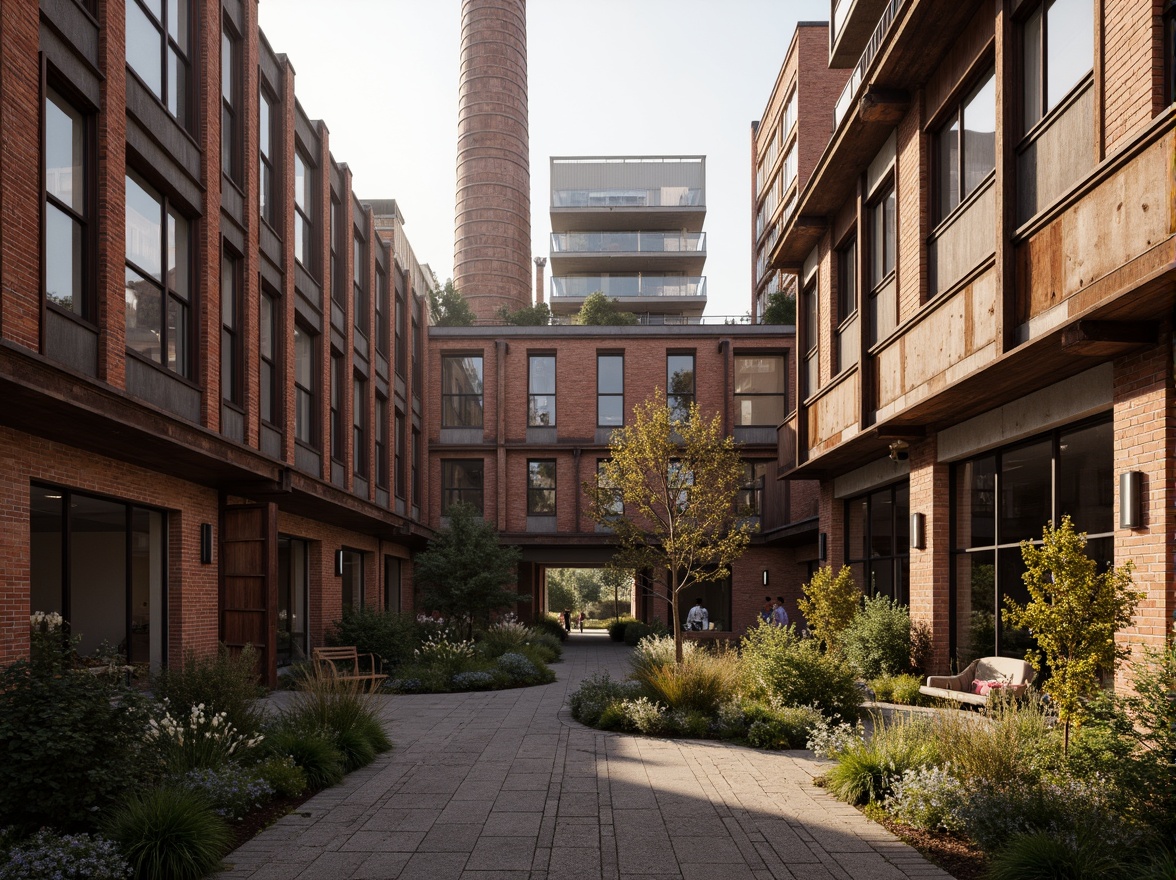 Prompt: Industrial heritage site, exposed brick buildings, rusty metal structures, reclaimed wood accents, vintage factory equipment, urban renewal, mixed-use development, adaptive reuse, modern amenities, sleek glass facades, corten steel cladding, brutalist architecture, post-industrial landscape, overgrown vegetation, abandoned machinery, nostalgic atmosphere, warm golden lighting, shallow depth of field, 2/3 composition, realistic textures, ambient occlusion.