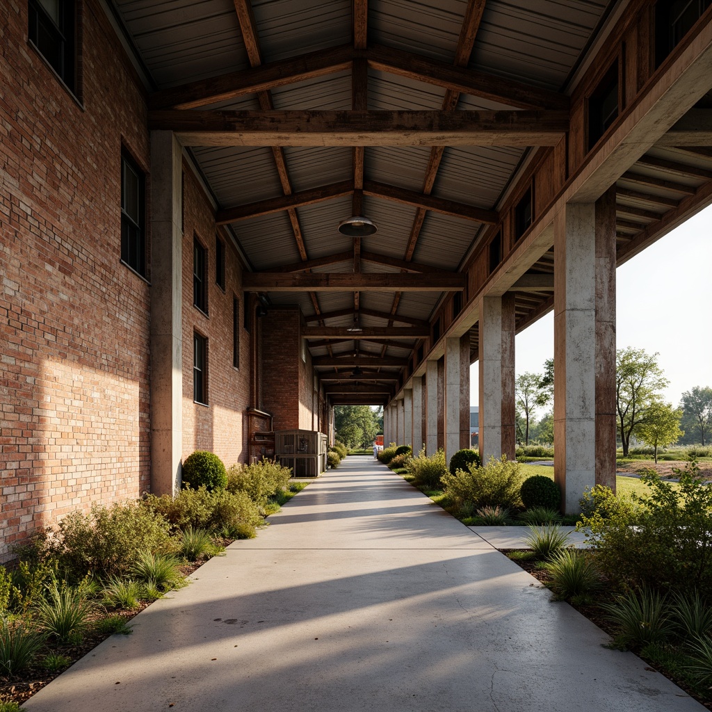 Prompt: Rustic industrial landscape, abandoned factories, worn brick walls, distressed metal roofs, reclaimed wood accents, earthy tones, natural textures, regional materials, local craftsmanship, exposed ductwork, concrete floors, steel beams, functional minimalism, industrial chic aesthetic, warm soft lighting, shallow depth of field, 1/1 composition, realistic renderings, ambient occlusion.