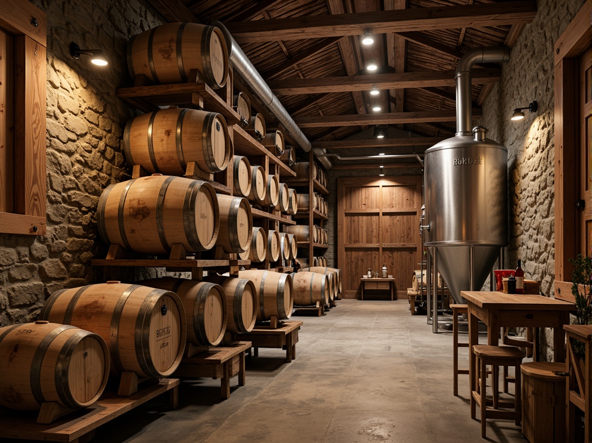 Prompt: Rustic winery building, wooden barrels, vintage wine-making equipment, stone walls, earthy tones, natural lighting, large wooden doors, metal accents, modern industrial touches, sleek steel tanks, stainless steel pipes, fermentation rooms, grape crushing machines, wine cellar, underground tunnels, dim warm lighting, shallow depth of field, 1/1 composition, realistic textures, ambient occlusion.